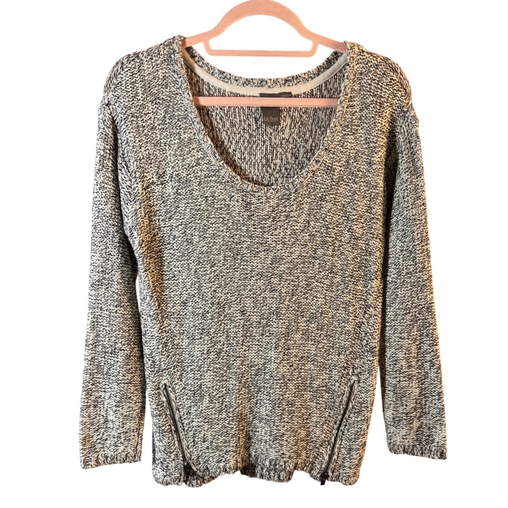 Quinn‎ Womens Marled Knit Scoop Neck Zipper Accent Sweater Black White Medium